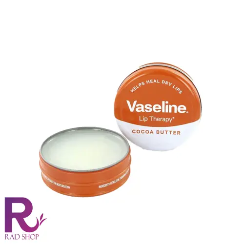 بالم لب کاسه ای وازلین، قوطی گرد نارنجی باز با بالم روشن و در نارنجی با نوشته COCOA BUTTER، روی زمینه سفید