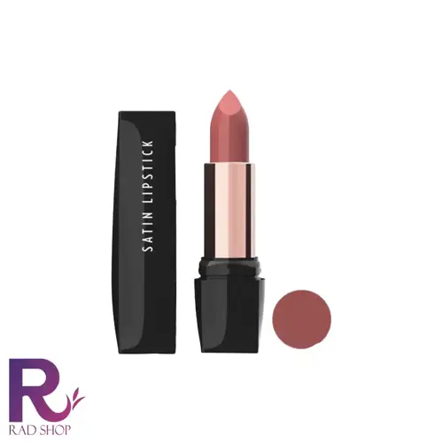 رژلب جامد ساتین گلدن رز، رژ قهوه‌ای صورتی روشن باز با بدنه مشکی و حلقه رزگلد، کنار درپوش و دایره نمونه رنگ، روی زمینه سفید