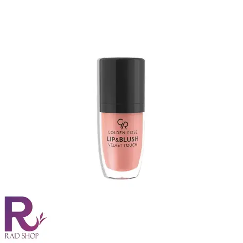 رژلب و گونه مایع ولوت تاچ گلدن رز، بطری کوچک رژ مایع هلویی با درپوش مشکی، روی زمینه سفید