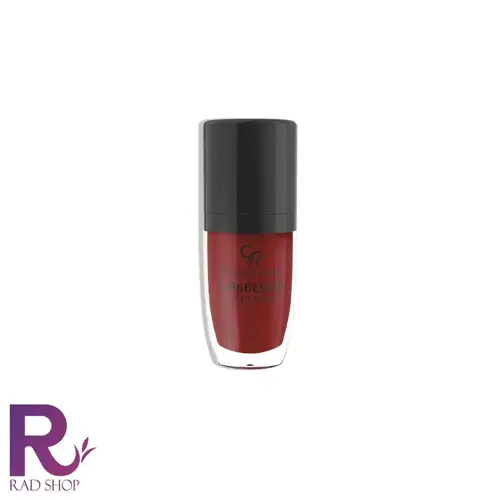 رژلب و گونه مایع ولوت تاچ گلدن رز، بطری کوچک رژ مایع قرمز تیره با درپوش مشکی، روی زمینه سفید