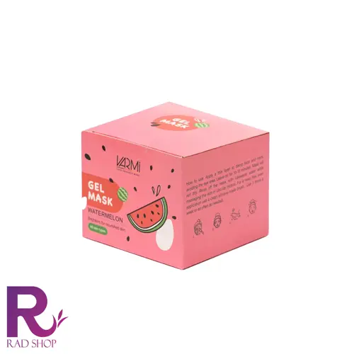 ماسک صورت آبرسان هندوانه وارمی، جعبه مکعبی صورتی با تصویر هندوانه و نوشته GEL MASK، از زاویه سه‌رخ روی زمینه سفید