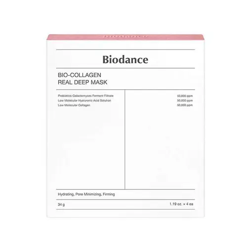 ماسک صورت بایودنس مدل بایو کلاژن کره، جعبه سفید با خط صورتی بالا و نوشته BIO-COLLAGEN REAL DEEP MASK، روی زمینه سفید